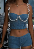Women spring sexy pearl suspender Top and Skirt knitting two-piece set