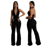 Women V Neck hollow metal buckle jumpsuit