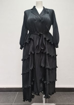 Plus Size Women Pleated Ruffle Edge Lace Lantern Sleeve Dress