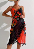 Women Bikini Mesh Cover-up Butterfly Print Contrast Beach Dress