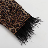 Women Leopard Print Patchwork Feather Long Sleeve Shirt Wide Leg Pants Two-Piece Set