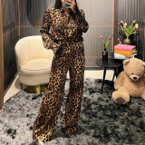 Women Leopard Print Patchwork Feather Long Sleeve Shirt Wide Leg Pants Two-Piece Set