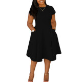 Women Spring Summer Casual Round Neck Pocket Dress