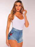 Women Embroidered Elastic Raw Edge Denim Shorts