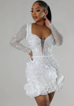 Women Beaded Long Sleeve Square Neck Dress Women Beaded Long Sleeve Square Neck Dress