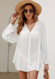 Women Summer V-Neck Button Solid Cover-up Bikini Beach Shirt Shirt