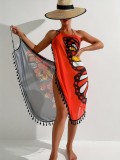 Women Bikini Mesh Cover-up Butterfly Print Contrast Beach Dress