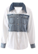 Women American Retro Color-blocking Patchwork Denim Shirt
