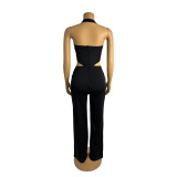 Women V Neck hollow metal buckle jumpsuit