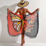 Women Bikini Mesh Cover-up Butterfly Print Contrast Beach Dress