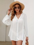 Women Summer V-Neck Button Solid Cover-up Bikini Beach Shirt Shirt