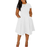 Women Spring Summer Casual Round Neck Pocket Dress