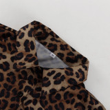 Women Leopard Print Patchwork Feather Long Sleeve Shirt Wide Leg Pants Two-Piece Set