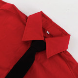 Women Turndown Collar Long Sleeve Tie Shirt Slit Knot Skirt Two-Piece Set
