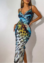 Women Holidays Butterfly Print Tassel Mesh Suspender Beach Dress