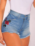 Women Embroidered Elastic Raw Edge Denim Shorts