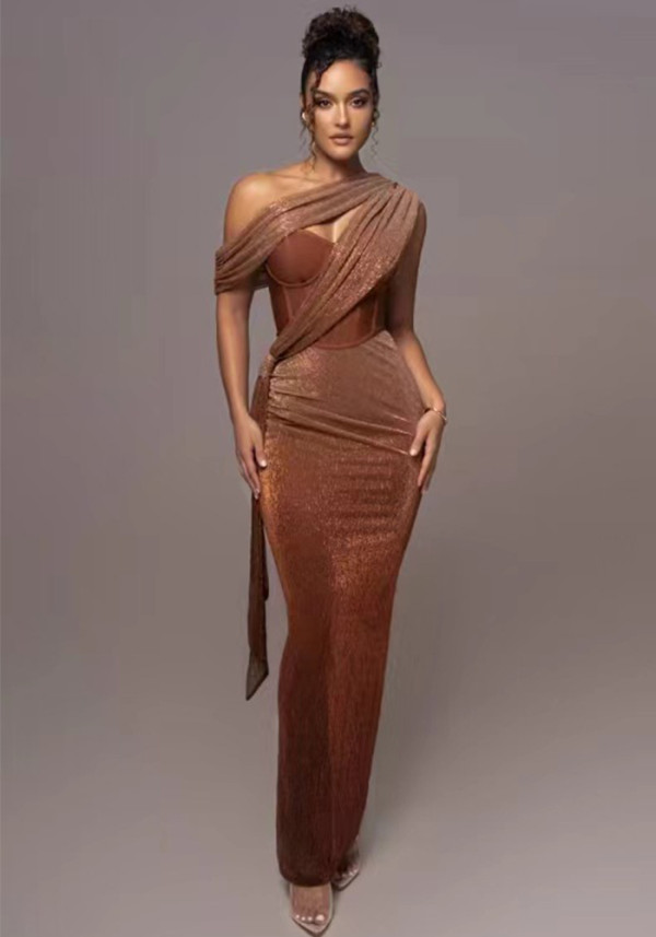 Women Solid Slit peach neck sexy suspender dress