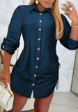 Women Long Sleeve Solid Drawstring Dress