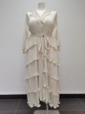 Plus Size Women Pleated Ruffle Edge Lace Lantern Sleeve Dress