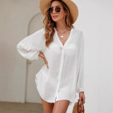 Women Summer V-Neck Button Solid Cover-up Bikini Beach Shirt Shirt