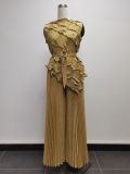Plus Size African Women Shiny Sleeveless Irregular Top Wide Leg Pants Two-piece Set