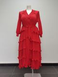 Plus Size Women Pleated Ruffle Edge Lace Lantern Sleeve Dress