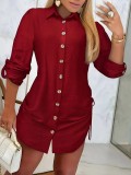 Women Long Sleeve Solid Drawstring Dress