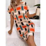 Women Summer Short-sleeved Printed Bat Sleeves Round Neck Dress