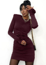 Women Sexy Round Neck Long Sleeve Pleated Bodycon Dress