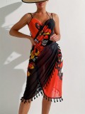 Women Bikini Mesh Cover-up Butterfly Print Contrast Beach Dress