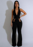 Women V Neck hollow metal buckle jumpsuit