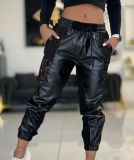 Women's Mesh Patchwork PU Leather Casual Pants