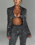 Women's Sparkly Blazer Bra Pants Three-Piece Set
