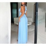 Women's Halter V-Neck Lace-Up Slit Maxi Dress