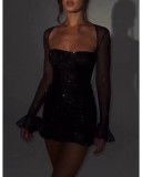 Women's Sexy See Through Black Sparkling Mini Dress