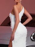 One-Shoulder Tassel Mesh Slim Dress Formal Party Wear