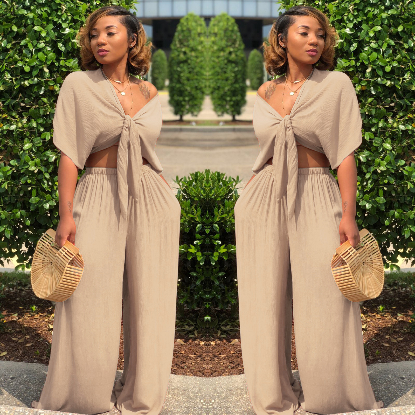 Women's Deep V Lace-Up Top Wide-Leg Pants Set