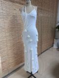 Women's Sexy Strap Knit Backless Flower Long Dress