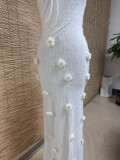 Women's Sexy Strap Knit Backless Flower Long Dress
