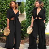 Women's Deep V Lace-Up Top Wide-Leg Pants Set