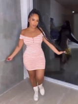 Women striped short-sleeved printed Off Shoulder sexy Bodycon dress