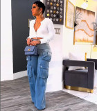 Women's High-Waist Multi-Pocket Gradient Denim Wide-Leg Pants