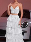 Women's Sequin Camisole Cascading Ruffles Skirt Two-Piece Set