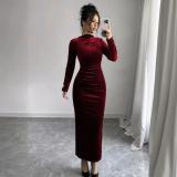 Women's Chic Solid Color Long Sleeve Slim Midi Dress