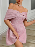 Women's Pink Embroidered Off Shoulder Mini Dress