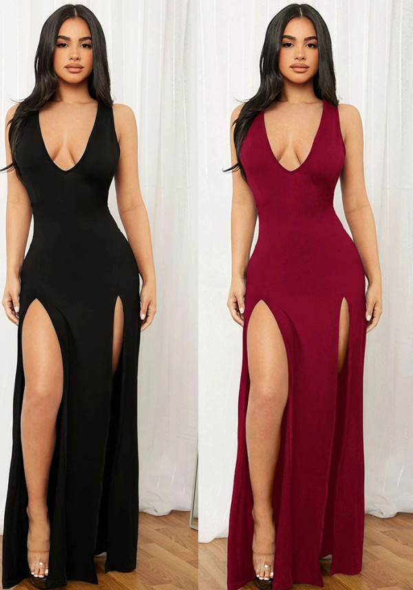 Women's Deep V-Neck Sleeveless Slit Maxi Dress