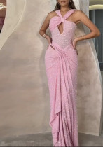 Women's Sequin Halter Sleeveless Glittering Evening Dress