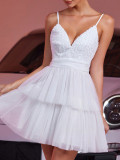 Women's Sexy Strap White Mesh Patchwork Mini Dress