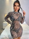 Women's Zebra Print ell Sleeves See Through Bodycon Mini Dress