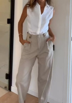 Women's Sleeveless Shirt High-Waist Straight Pants Set